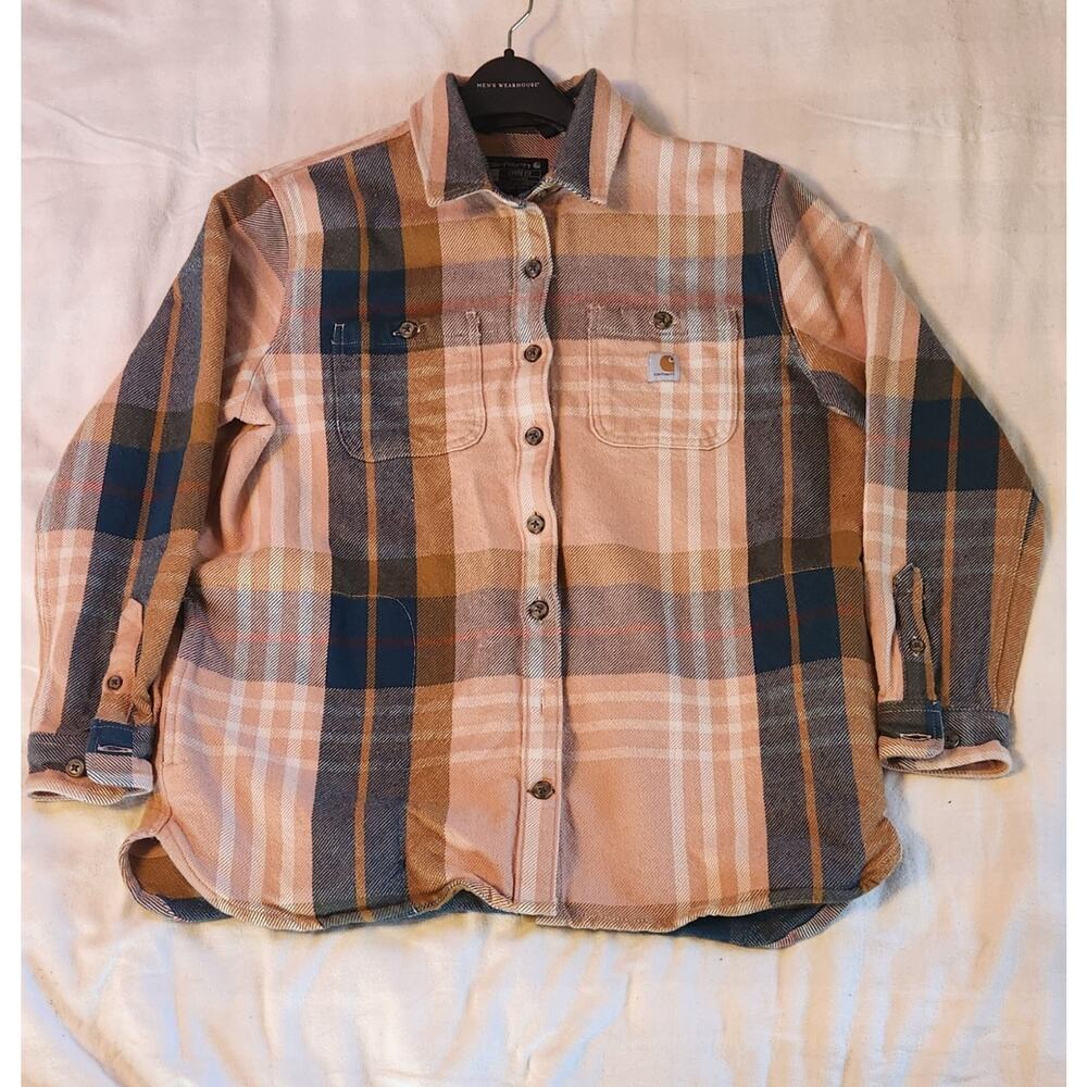 Carhartt Womens Large Loose Fit Heavyweight Twill Plaid Flannel Shirt Shacket